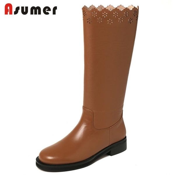 

boots asumer 2022 plus size 43 genuine leather women flat shoes fashion cool western hollow out knee high, Black