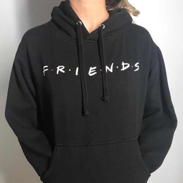 

friends letter print fleece hoodie funny tv shows pullover girl streetwear outwear friends forever women clothing drop ship, Black