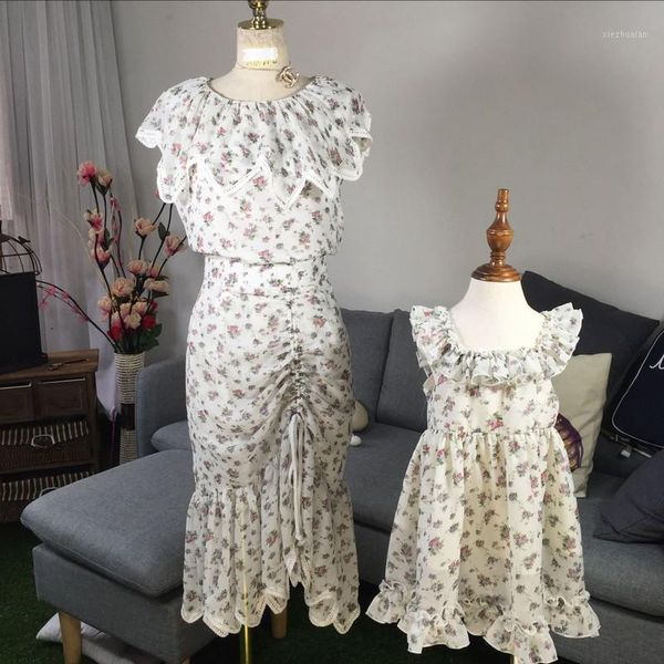 

mother daughter dresses chiffon floral print flower collar mommy and me clothes summer mom and daughter wedding dress family set1, Blue