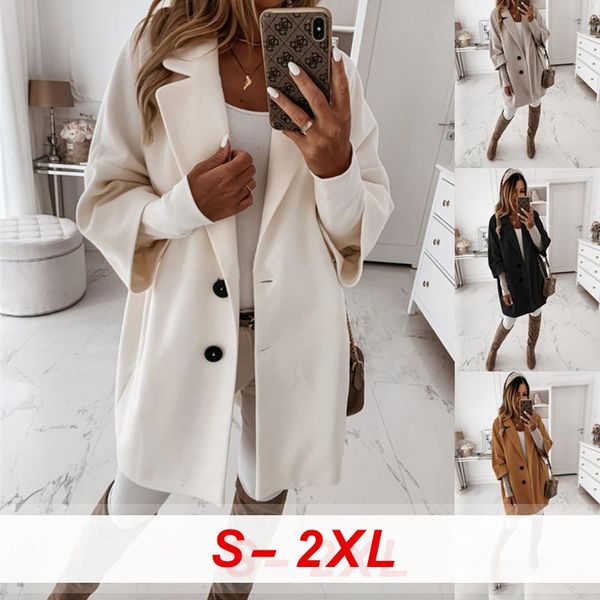 

woolen blends coats women casual three quarter sleeve single breasted turn-down collar coat outwear loose plush long overcoats, Black