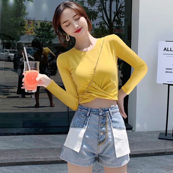 

super short women's high waist exposed navel leakage belly tight small round neck long sleeve bottoming pure cotton with t-shirt, White