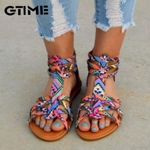 

sandals lady casual shoes plus size 35-43 women bohemia colorful summer gladiator flat ankle strap shoes#sjpae-105, Black