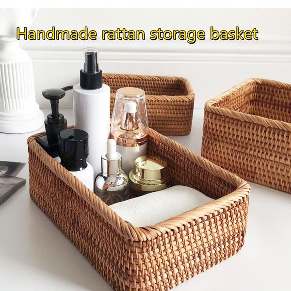 

storage baskets hand-woven rattan wicker basket fruit tea snack bread cosmetic rectangular box household kitchen supplies