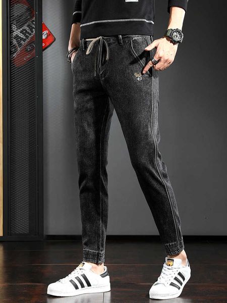 

men's jeans stripper side black gray male fashion jeans denim streetwear pants embroidered cordon fine fit pencil d2qd, Blue