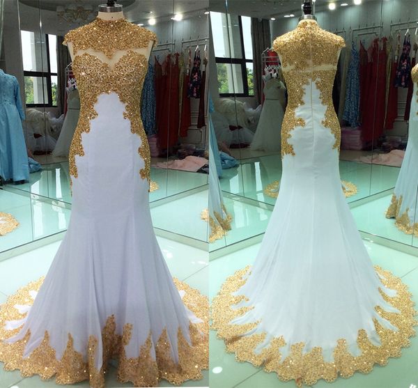 

2022 luxurious gold appliques wedding dress chiffon mermaid style high neck short sleeve beaded bridal party dresses bride vestidos de fetia, White