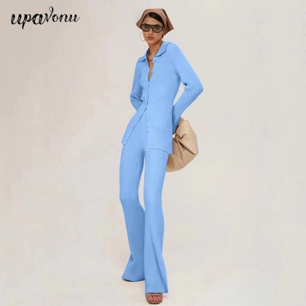 

women's two piece pants elegant slim knit set 2021 lapel long sleeve single-breasted cardigan & trousers two-piece sets, White