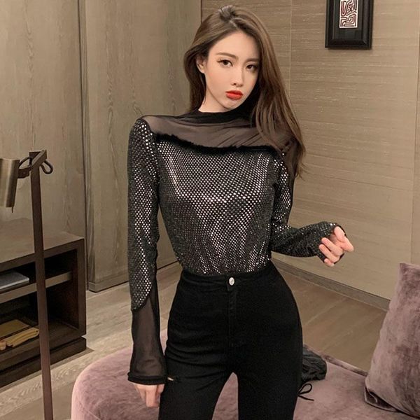 

women's t-shirt 2021 sequins spring slim basic t shirt long sleeve half turtleneck tshirt mesh patchwork strapless women, White