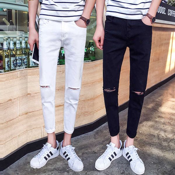 Atacado 2021 Adolescentes Street Men \ 's Ankle Length Length Jeans Menino Rasgado Buracos Slim Pés Verão Calças da Juventude Na Moda Pencil Pants X0615