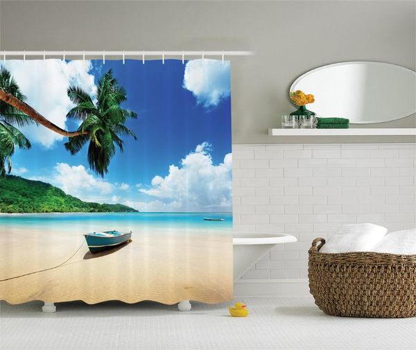 

shower curtains ocean curtain coastal view decor boat on the beach mahe lagoon and forested area picture wall decoration hanging