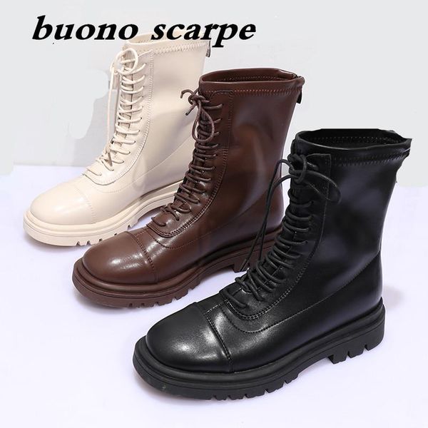 

boots leather skinny leg elastic lace-up high heel thick soles round head breathable lift women's, Black