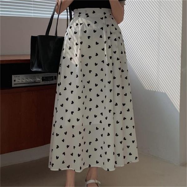 

brief hearts printing high waist femme chic streetwear stylish ol elastic-waist loose all match long skirts 210525, Black