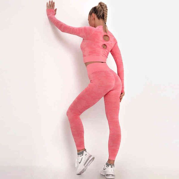

women yoga set fitness camo clothing long sleeve crop workout shirt sportwear seamless legings high waist tights sports pant, Black