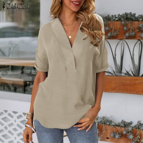 

women's blouses & shirts loose irregular hem zanzea summer half sleeve blouse women casual elegant v neck solid shirt tunic office che, White