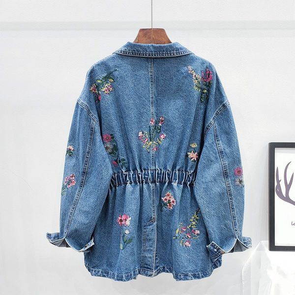 

2021 spring female turn down collar single breasted ealistic waist long-sleeved emmbroidery floral denim jacket coat 8y900, Black;brown