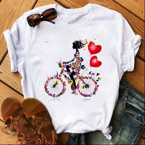 

bike flower heart print t shirt women short sleeve o neck loose tshirt women tee shirt female clothes camisetas mujer, White