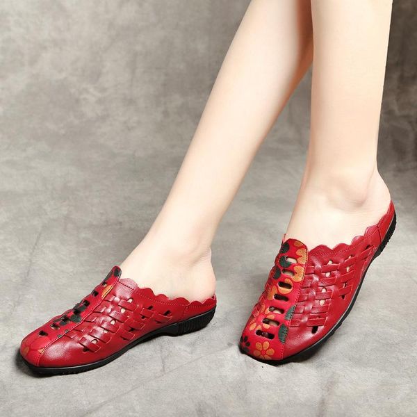 

slippers summer handmade leather, color matching, antique, hollowed, women's slippers., Black