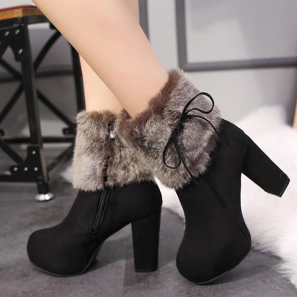 

boots 2021 winter snow flock round toe buckle for women ankle heels fashion autumn shoes casual zip, Black