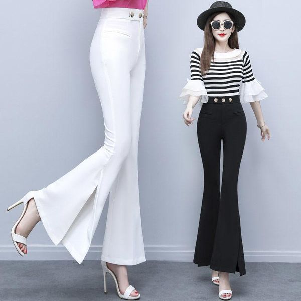 

women's pants & capris 2021 arrival spring autumn women casual high waist stretch loose lady fashion button solid slit flare trouser o3, Black;white