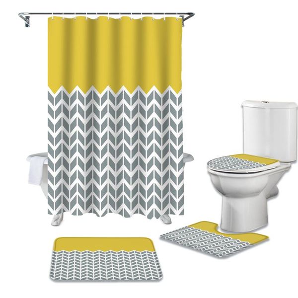 

shower curtains geometric yellow bathroom curtain set bath mat sets with hooks non-slip pedestal rug toilet cover