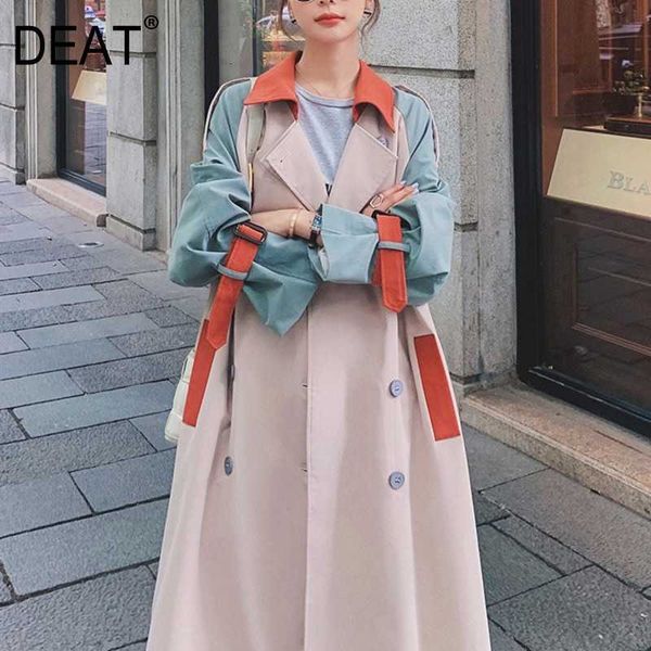 

deat] women's coat lapel collar hit color tassel belt over size over long length causal wild autumn fashion clothing am792 201030, Tan;black
