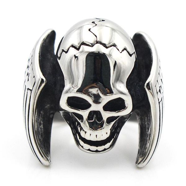 

cluster rings men's 316l stainless steel ring domineering double wing crack ghost head punk, Golden;silver