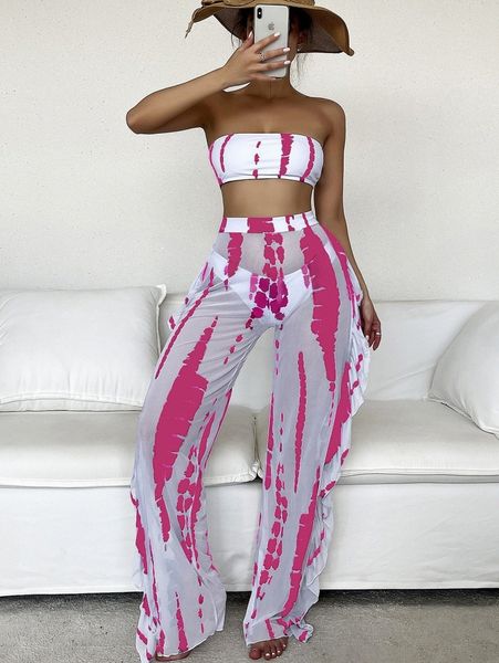 

3pack graphic bandeau bikini swimsuit with cover up pants z22m#, White;black