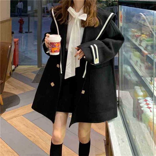 İlkbahar Sonbahar Donanma Yaka Yün Ceket Kadın Orta-Uzun Kore Tarzı kadın Giyim Faux Yün Palto 210525