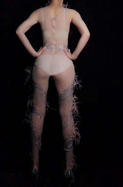 

women pink feather perspective mesh jumpsuit birthday celebrate bodysuit women singer dancer see through leggings outfit, Black;red