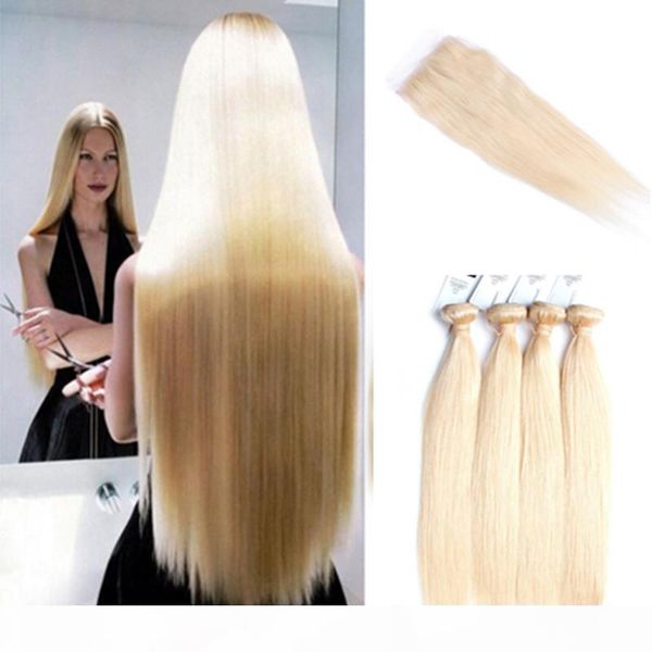

color #613 platinum blonde straight hair with lace closure 4*4 closure middle 3 part lace closure with blonde straight hair weaves, Black;brown