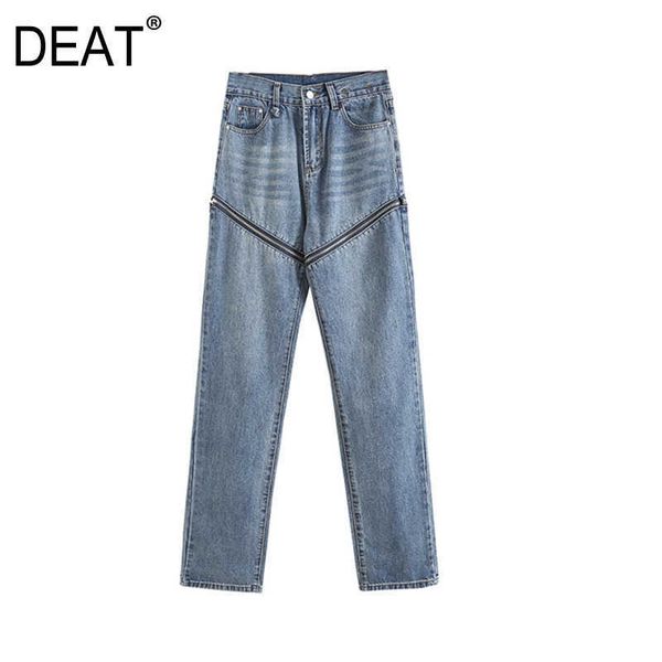 

[deat] summer fashion straight-leg pants high waist solid color zipper removable personality women jeans 13q218 210527, Blue