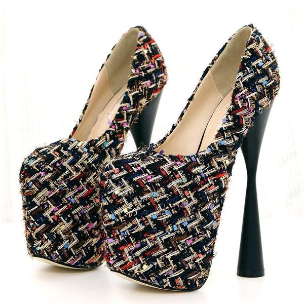 

dress shoes woman 19cm hoof high heels elegance vintage pumps costume tweed slip on round toe office career party wedding women, Black