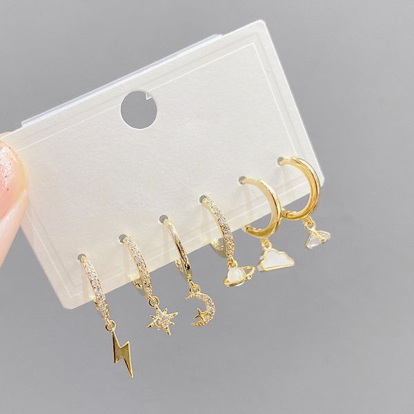 

canner 6pcs/set hoop earring luxury pave micro zircon moon star lightning korean earrings for women girls fashion jewerly gift, Golden