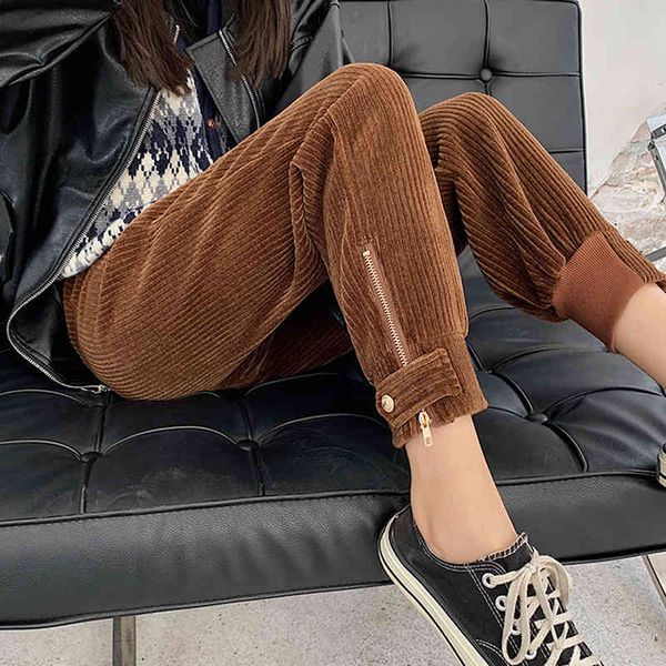 

jmnfc winter corduroy pants, female slacks plus size elastic waistband high casual loose pencil pants, Black;white
