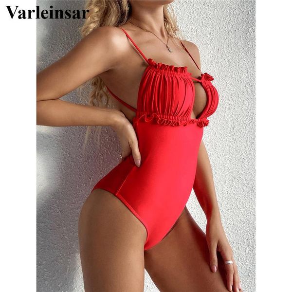 

2021 backless monokini one piece swimsuit women swimwear female wrinkle ruffled frilled bather bathing suit swim lady v2750