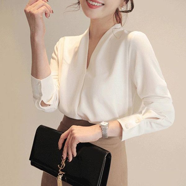 

chiffon blouse autumn women casual simple office lady shirt solid color v-neck blouse long sleeve female fashion, White