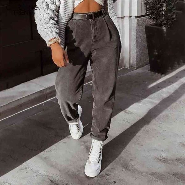 

woman mom casual jeans pants boyfriend high waist denim autumn retro solid comfortable female gray 210924, Blue