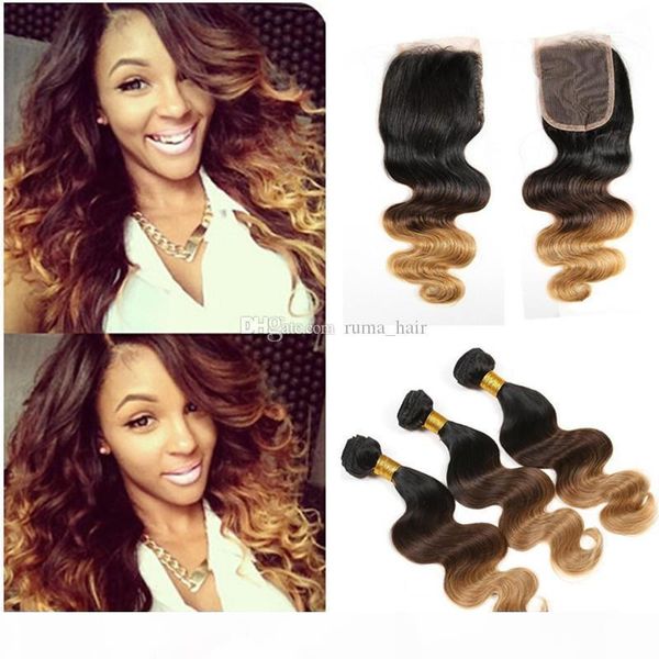 

9a virgin peruvian ombre hair body wave 3bundles with closure 4pcs lot 1b grey purple three tone hair weaves with 4x4 lace closure, Black;brown