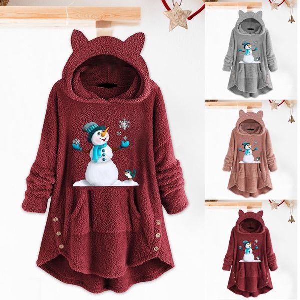 

women's hoodies & sweatshirts thickened christmas overcoat plush warm coat long sleeve snowman printed hoodie pullover jacket with pock, Black