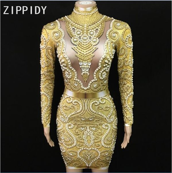 

casual dresses fashion sparkly gold rhinestones pearls long sleeves dress bar party dance women singer clothes celebrate outfit, Black;gray
