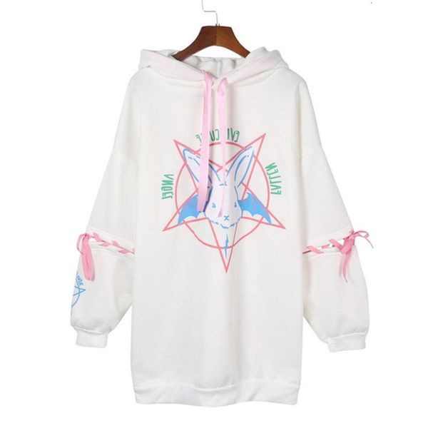 

harajuku rabbit pentagram print lace up women fleece streetwear hoodies gothic punk oversize hooded sweatshirt pullover dg292, Black