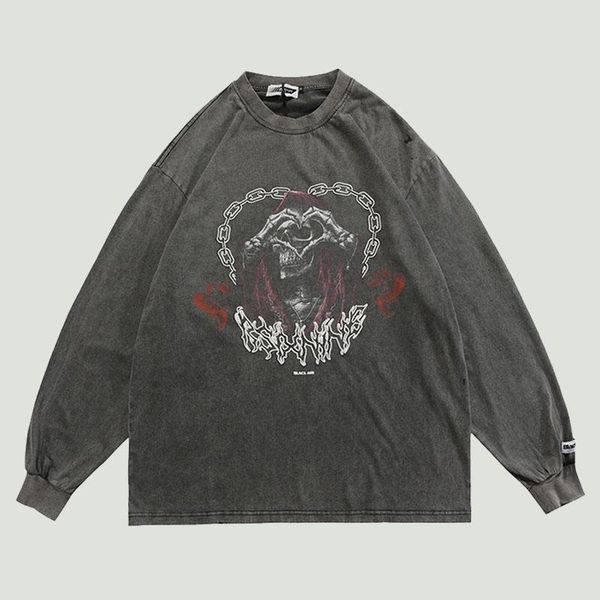 

men's t-shirts streetwear distressed skull printed oversize long sleeve mens hip hop harajuku cotton loose sweatshirt grey, White;black