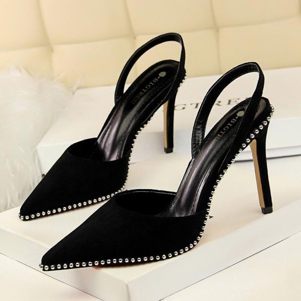 

leather metal beads sharp fine heel black women's high-heeled shoes
