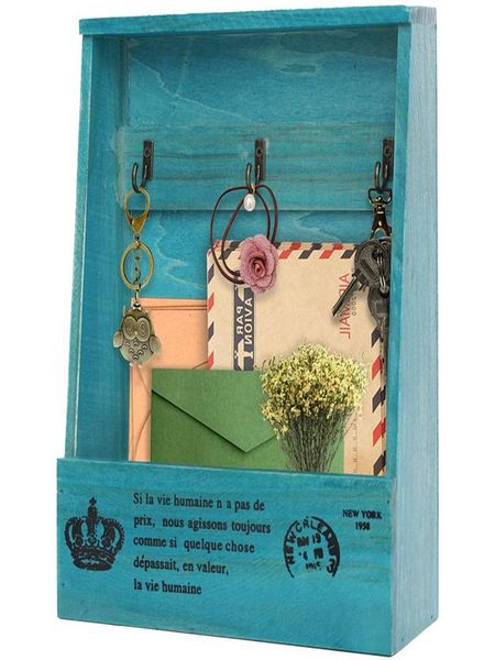 

hooks & rails mounted mail holder key wall wooden equipped with 3 and a storage box, sorter organizer box