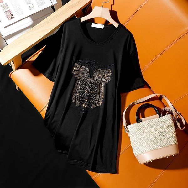 

2021 summer new fashion loose plue size short-sleeved t-shirt for women casual personality owl pattern diamond female, White
