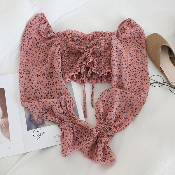 

women summer long sleeve print blouse floral ruffle short pleated chiffon shirt casual beach style shoulder crop women's blouses &, White