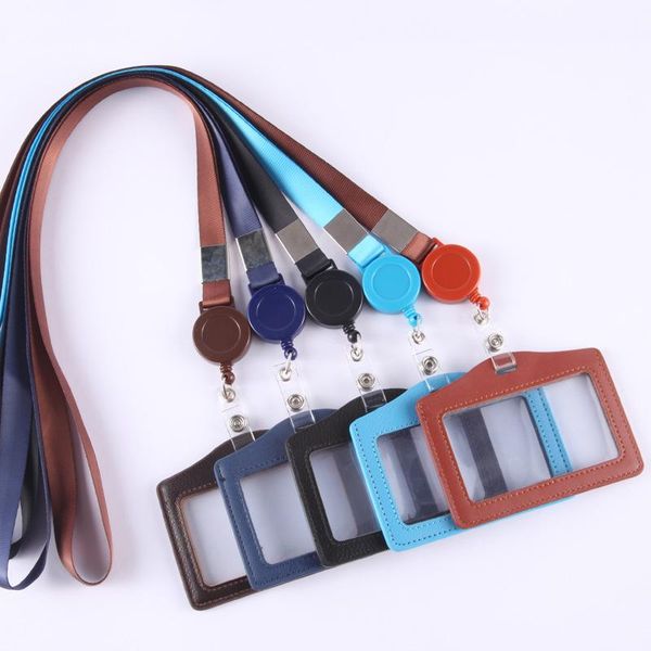 

card holders genuine leather id credit bank holder kids students bus case lanyard male business identity badge cards cover, Brown;gray