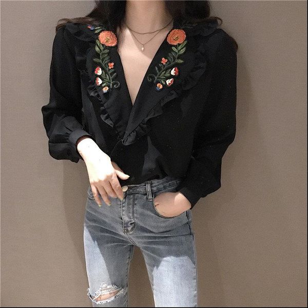 

sweet embroidery roses v neck new arrival stylish office ladies autumn women all match ruffles ol streetwear shirts, White
