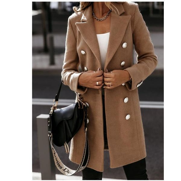 

women's wool & blends autumn winter women chic coats double-breasted 2021 solid color long sleeve notched elegant coat jacket ladies, Black