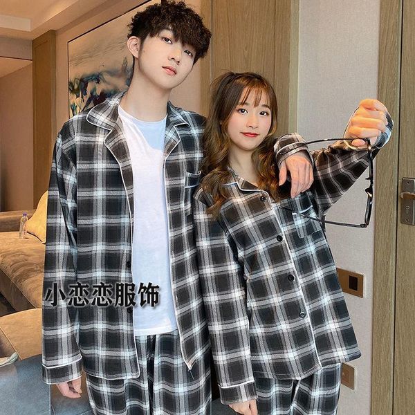 

couple pajamas summer long-sleeved 2 pieces pure cotton female plaid pajamas set long sleeve men home service suit, Black;brown