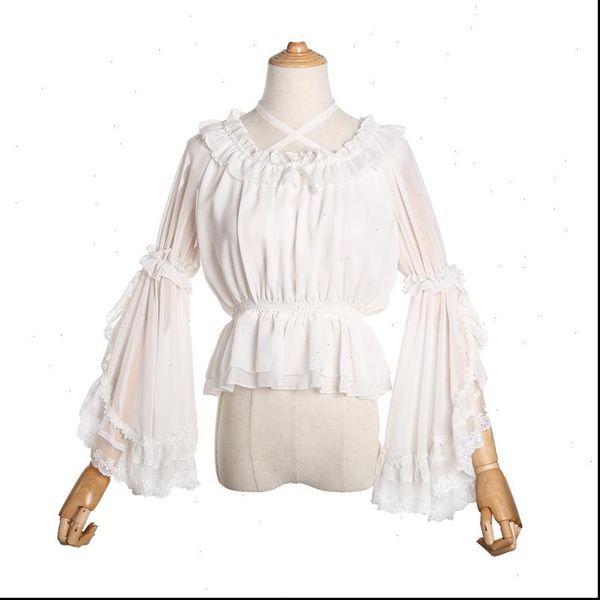 

2021 chiffon lolita lace blouse strap under shirt halter neck off shoulder women long flounce bell sleeves for plus size, White